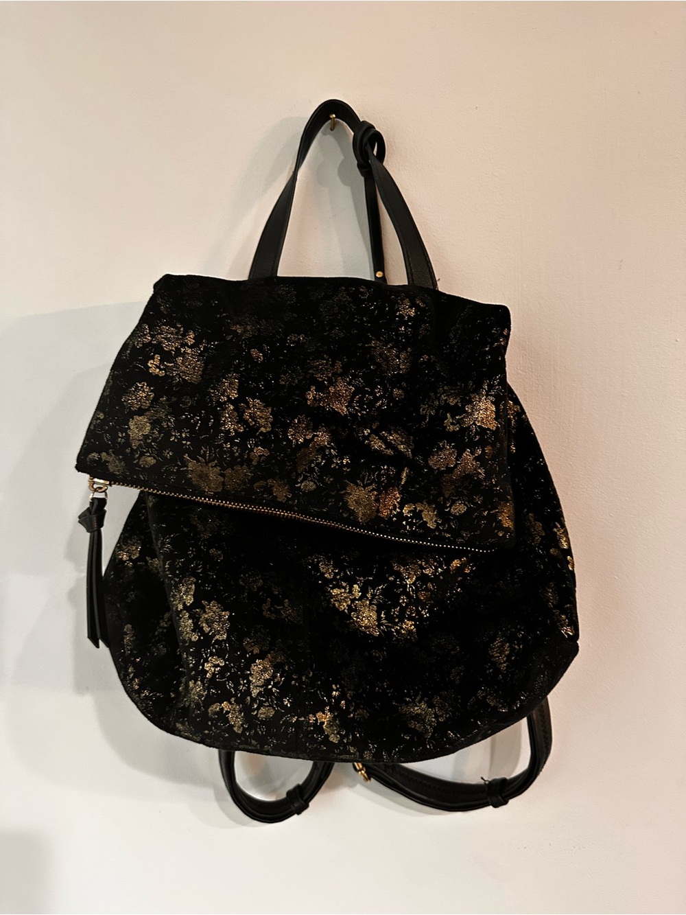 Sole Society Black Velvet Backpack with Gold Floral Accents